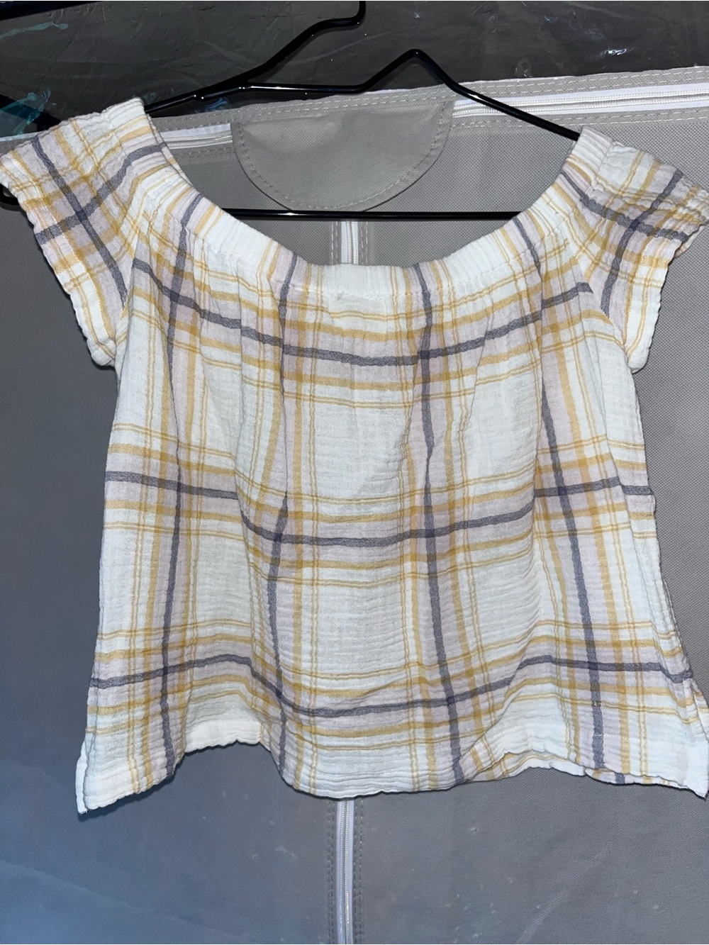 Cloth & Stone Plaid Off The Shoulder Crop Top XS Pastel Textured Gauze Blouse - Picture 7 of 8